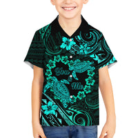 Polynesian Turtle Valentine Family Matching Off Shoulder Maxi Dress and Hawaiian Shirt You And Me Turquoise Hibiscus Heart LT01 Son's Shirt Turquoise - Polynesian Pride