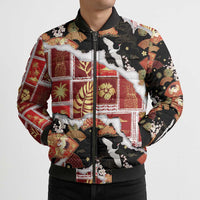 Hawaii Japanese Culture Black Bomber Puffer Jacket Spring Cranes Aloha Pattern LT01 - Polynesian Pride