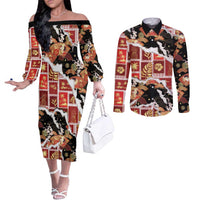 Hawaii Japanese Culture Black Couples Matching Off The Shoulder Long Sleeve Dress and Long Sleeve Button Shirt Spring Cranes Aloha Pattern LT01 Black - Polynesian Pride
