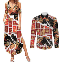 Hawaii Japanese Culture Black Couples Matching Summer Maxi Dress and Long Sleeve Button Shirt Spring Cranes Aloha Pattern LT01 Black - Polynesian Pride