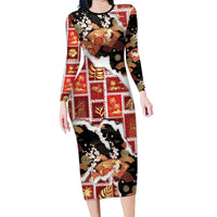 Hawaii Japanese Culture Black Family Matching Long Sleeve Bodycon Dress and Hawaiian Shirt Spring Cranes Aloha Pattern
