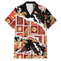 Hawaii Japanese Culture Black Family Matching Off The Shoulder Long Sleeve Dress and Hawaiian Shirt Spring Cranes Aloha Pattern