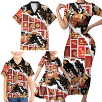 Hawaii Japanese Culture Black Family Matching Short Sleeve Bodycon Dress and Hawaiian Shirt Spring Cranes Aloha Pattern