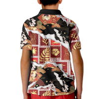 Hawaii Japanese Culture Black Kid Polo Shirt Spring Cranes Aloha Pattern LT01 - Polynesian Pride