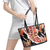 Hawaii Japanese Culture Black Leather Tote Bag Spring Cranes Aloha Pattern LT01 - Polynesian Pride