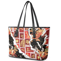 Hawaii Japanese Culture Black Leather Tote Bag Spring Cranes Aloha Pattern LT01 - Polynesian Pride