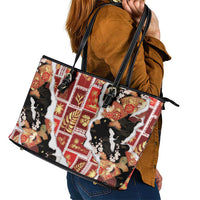 Hawaii Japanese Culture Black Leather Tote Bag Spring Cranes Aloha Pattern LT01 - Polynesian Pride