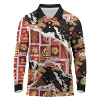 Hawaii Japanese Culture Black Long Sleeve Polo Shirt Spring Cranes Aloha Pattern LT01 Black - Polynesian Pride