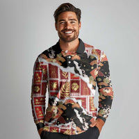 Hawaii Japanese Culture Black Long Sleeve Polo Shirt Spring Cranes Aloha Pattern LT01 - Polynesian Pride