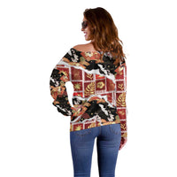 Hawaii Japanese Culture Black Off Shoulder Sweater Spring Cranes Aloha Pattern LT01 - Polynesian Pride
