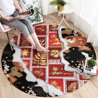 Hawaii Japanese Culture Black Round Carpet Spring Cranes Aloha Pattern LT01 - Polynesian Pride