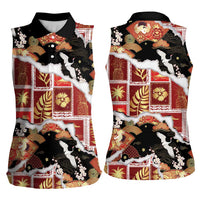Hawaii Japanese Culture Black Women Sleeveless Polo Shirt Spring Cranes Aloha Pattern LT01 - Polynesian Pride