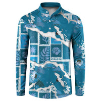 Hawaii Japanese Culture Blue Button Sweatshirt Spring Cranes Aloha Pattern LT01 Blue - Polynesian Pride