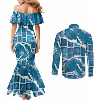 Hawaii Japanese Culture Blue Couples Matching Mermaid Dress and Long Sleeve Button Shirt Spring Cranes Aloha Pattern LT01 - Polynesian Pride