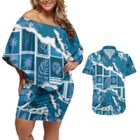 Hawaii Japanese Culture Blue Couples Matching Off Shoulder Short Dress and Hawaiian Shirt Spring Cranes Aloha Pattern