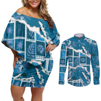 Hawaii Japanese Culture Blue Couples Matching Off Shoulder Short Dress and Long Sleeve Button Shirt Spring Cranes Aloha Pattern LT01 Blue - Polynesian Pride