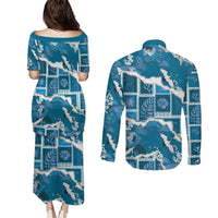 Hawaii Japanese Culture Blue Couples Matching Puletasi and Long Sleeve Button Shirt Spring Cranes Aloha Pattern LT01 - Polynesian Pride