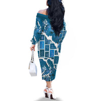 Hawaii Japanese Culture Blue Family Matching Off The Shoulder Long Sleeve Dress and Hawaiian Shirt Spring Cranes Aloha Pattern