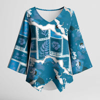 Hawaii Japanese Culture Blue Kimono Sleeve Blouse Spring Cranes Aloha Pattern LT01 Female Blue - Polynesian Pride