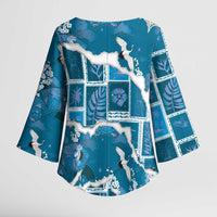 Hawaii Japanese Culture Blue Kimono Sleeve Blouse Spring Cranes Aloha Pattern LT01 - Polynesian Pride