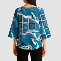 Hawaii Japanese Culture Blue Kimono Sleeve Blouse Spring Cranes Aloha Pattern LT01 - Polynesian Pride