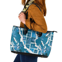 Hawaii Japanese Culture Blue Leather Tote Bag Spring Cranes Aloha Pattern LT01 Blue - Polynesian Pride