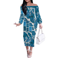 Hawaii Japanese Culture Blue Off The Shoulder Long Sleeve Dress Spring Cranes Aloha Pattern LT01 Women Blue - Polynesian Pride