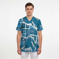 Hawaii Japanese Culture Blue Scrub Top Spring Cranes Aloha Pattern LT01 - Polynesian Pride