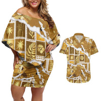 Hawaii Japanese Culture Gold Couples Matching Off Shoulder Short Dress and Hawaiian Shirt Spring Cranes Aloha Pattern LT01 Gold - Polynesian Pride