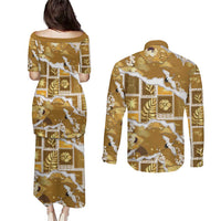 Hawaii Japanese Culture Gold Couples Matching Puletasi and Long Sleeve Button Shirt Spring Cranes Aloha Pattern LT01 - Polynesian Pride