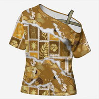 Hawaii Japanese Culture Gold Cross Shoulder Shirt Spring Cranes Aloha Pattern LT01 Female Gold - Polynesian Pride
