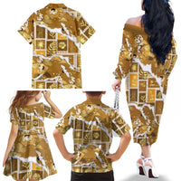 Hawaii Japanese Culture Gold Family Matching Off The Shoulder Long Sleeve Dress and Hawaiian Shirt Spring Cranes Aloha Pattern