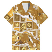 Hawaii Japanese Culture Gold Family Matching Off Shoulder Short Dress and Hawaiian Shirt Spring Cranes Aloha Pattern