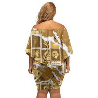 Hawaii Japanese Culture Gold Off Shoulder Short Dress Spring Cranes Aloha Pattern LT01 - Polynesian Pride