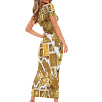 Hawaii Japanese Culture Gold Short Sleeve Bodycon Dress Spring Cranes Aloha Pattern LT01 - Polynesian Pride