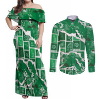 Hawaii Japanese Culture Green Couples Matching Off Shoulder Maxi Dress and Long Sleeve Button Shirt Spring Cranes Aloha Pattern LT01 Green - Polynesian Pride