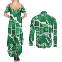 Hawaii Japanese Culture Green Couples Matching Summer Maxi Dress and Long Sleeve Button Shirt Spring Cranes Aloha Pattern LT01 - Polynesian Pride