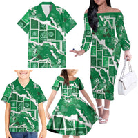 Hawaii Japanese Culture Green Family Matching Off The Shoulder Long Sleeve Dress and Hawaiian Shirt Spring Cranes Aloha Pattern