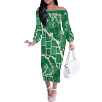 Hawaii Japanese Culture Green Family Matching Off The Shoulder Long Sleeve Dress and Hawaiian Shirt Spring Cranes Aloha Pattern