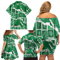 Hawaii Japanese Culture Green Family Matching Off Shoulder Short Dress and Hawaiian Shirt Spring Cranes Aloha Pattern