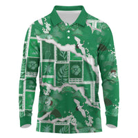 Hawaii Japanese Culture Green Long Sleeve Polo Shirt Spring Cranes Aloha Pattern LT01 Green - Polynesian Pride