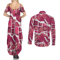Hawaii Japanese Culture Pink Couples Matching Summer Maxi Dress and Long Sleeve Button Shirt Spring Cranes Aloha Pattern LT01 - Polynesian Pride