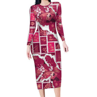 Hawaii Japanese Culture Pink Long Sleeve Bodycon Dress Spring Cranes Aloha Pattern LT01 Long Dress Pink - Polynesian Pride