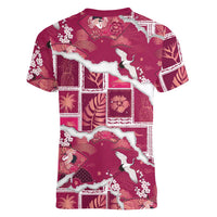 Hawaii Japanese Culture Pink Women V-Neck T-Shirt Spring Cranes Aloha Pattern LT01 - Polynesian Pride
