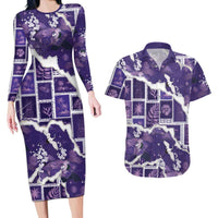 Hawaii Japanese Culture Purple Couples Matching Long Sleeve Bodycon Dress and Hawaiian Shirt Spring Cranes Aloha Pattern