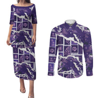 Hawaii Japanese Culture Purple Couples Matching Puletasi and Long Sleeve Button Shirt Spring Cranes Aloha Pattern LT01 Purple - Polynesian Pride