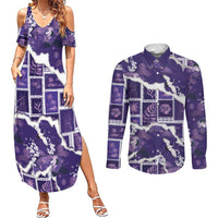 Hawaii Japanese Culture Purple Couples Matching Summer Maxi Dress and Long Sleeve Button Shirt Spring Cranes Aloha Pattern LT01 Purple - Polynesian Pride