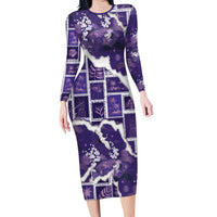 Hawaii Japanese Culture Purple Long Sleeve Bodycon Dress Spring Cranes Aloha Pattern LT01 Long Dress Purple - Polynesian Pride