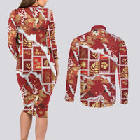 Hawaii Japanese Culture Red Couples Matching Long Sleeve Bodycon Dress and Long Sleeve Button Shirt Spring Cranes Aloha Pattern LT01 - Polynesian Pride
