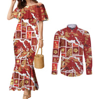 Hawaii Japanese Culture Red Couples Matching Mermaid Dress and Long Sleeve Button Shirt Spring Cranes Aloha Pattern LT01 Red - Polynesian Pride